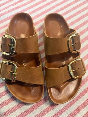 Birkenstock Brown Double-Buckle Slide Sandals with Gold Buckles